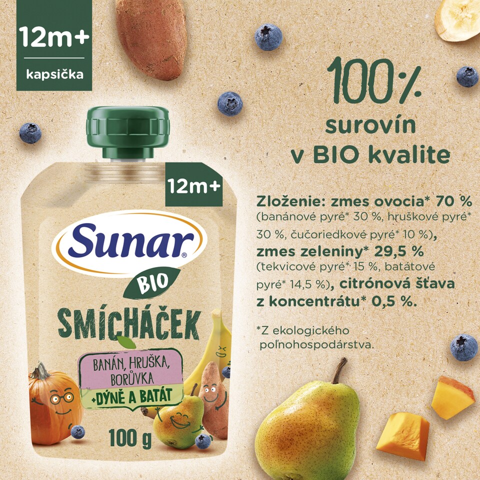 image 1 of Sunar Organic Smícháček Banana, Pear, Blueberry + Pumpkin and Sweet Potato 100 g