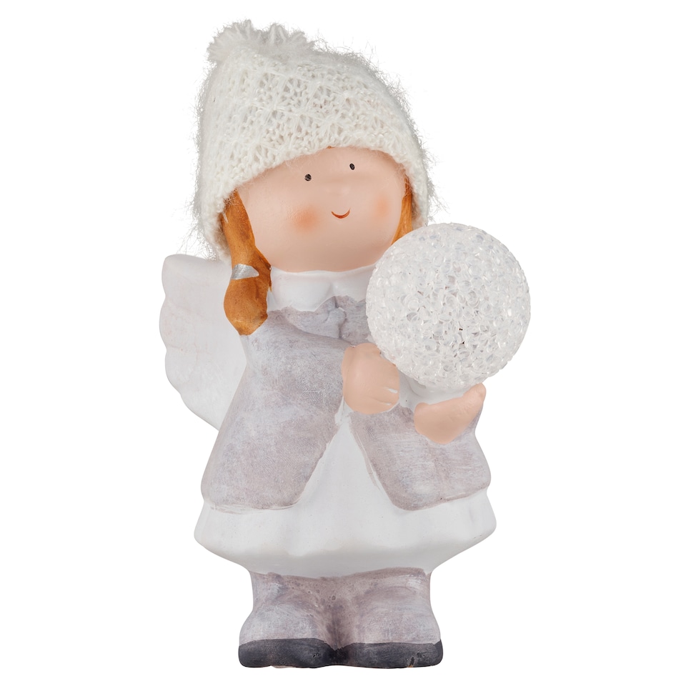 Angyal hógolyóval LED díszítéssel dekoráció 12,8 x 11,5 x 21 cm