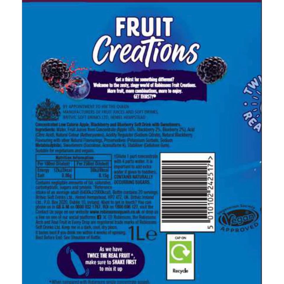 image 1 of Robinsons Fruit Creations Blackberry & Blueberry Squash 1L