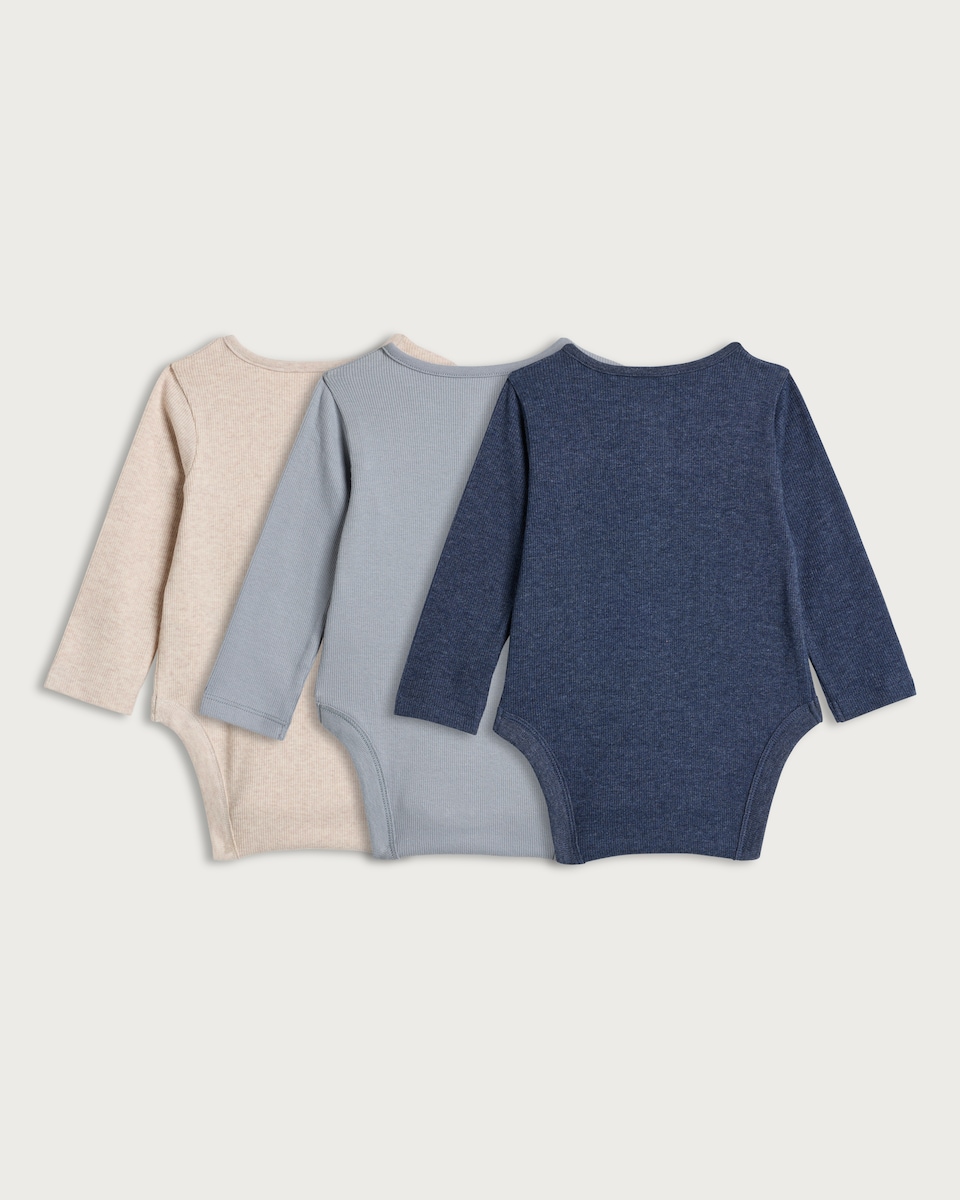 image 1 of F&F Baby 3-Pack Cotton Rich Ribbed Henley Long Sleeved Bodysuits in Blue
