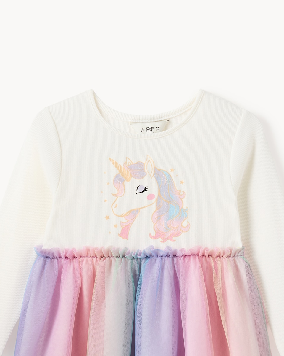image 1 of F&F Girls Cotton Rich Unicorn Tulle Dress in Multi Pink