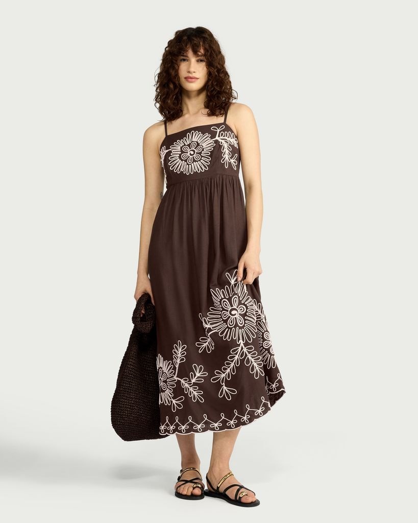 The F&F Edit Embroidered Strappy Midi Dress in Brown