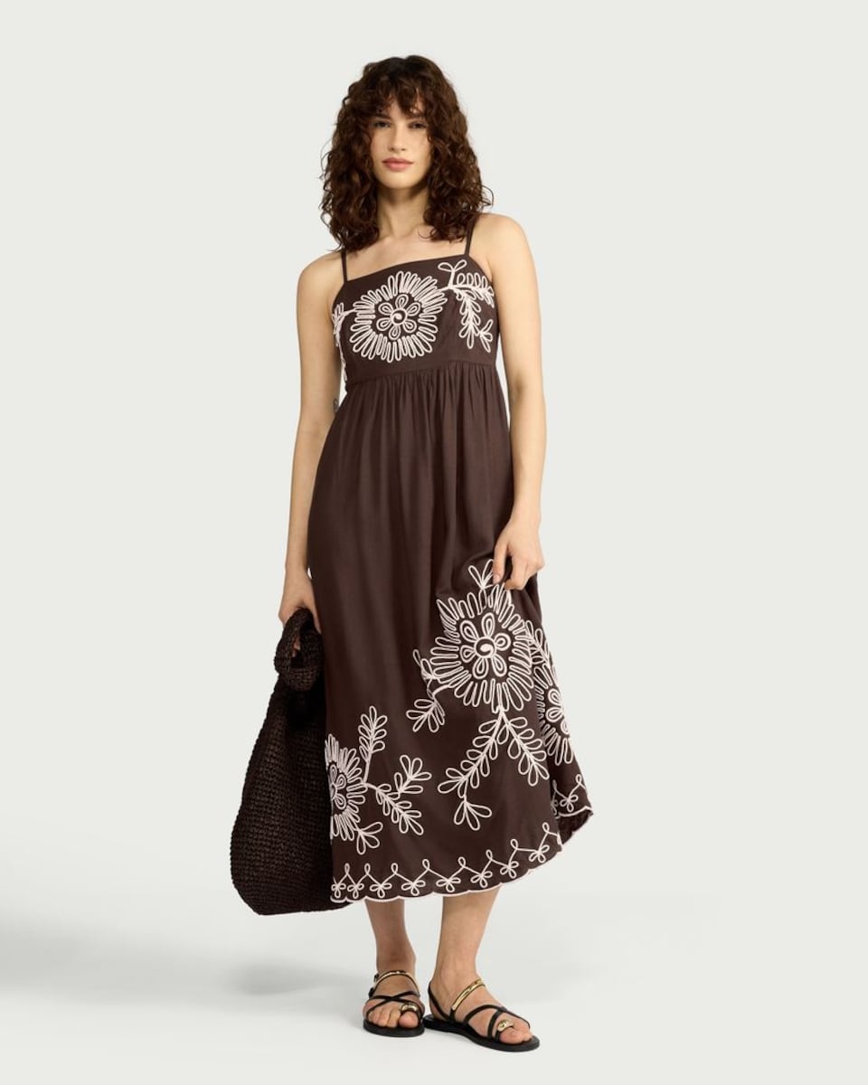 image 1 of The F&F Edit Embroidered Strappy Midi Dress in Brown