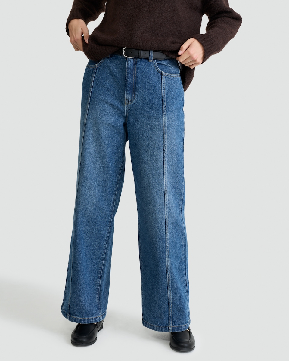 image 1 of F&F Seam Detail Wide Leg High Rise Jeans in Blue