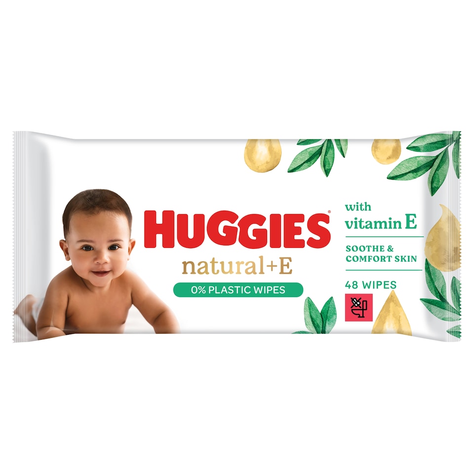 Huggies Natural +Vitamin E 0% Plastic Baby Wipes 48 Wipes
