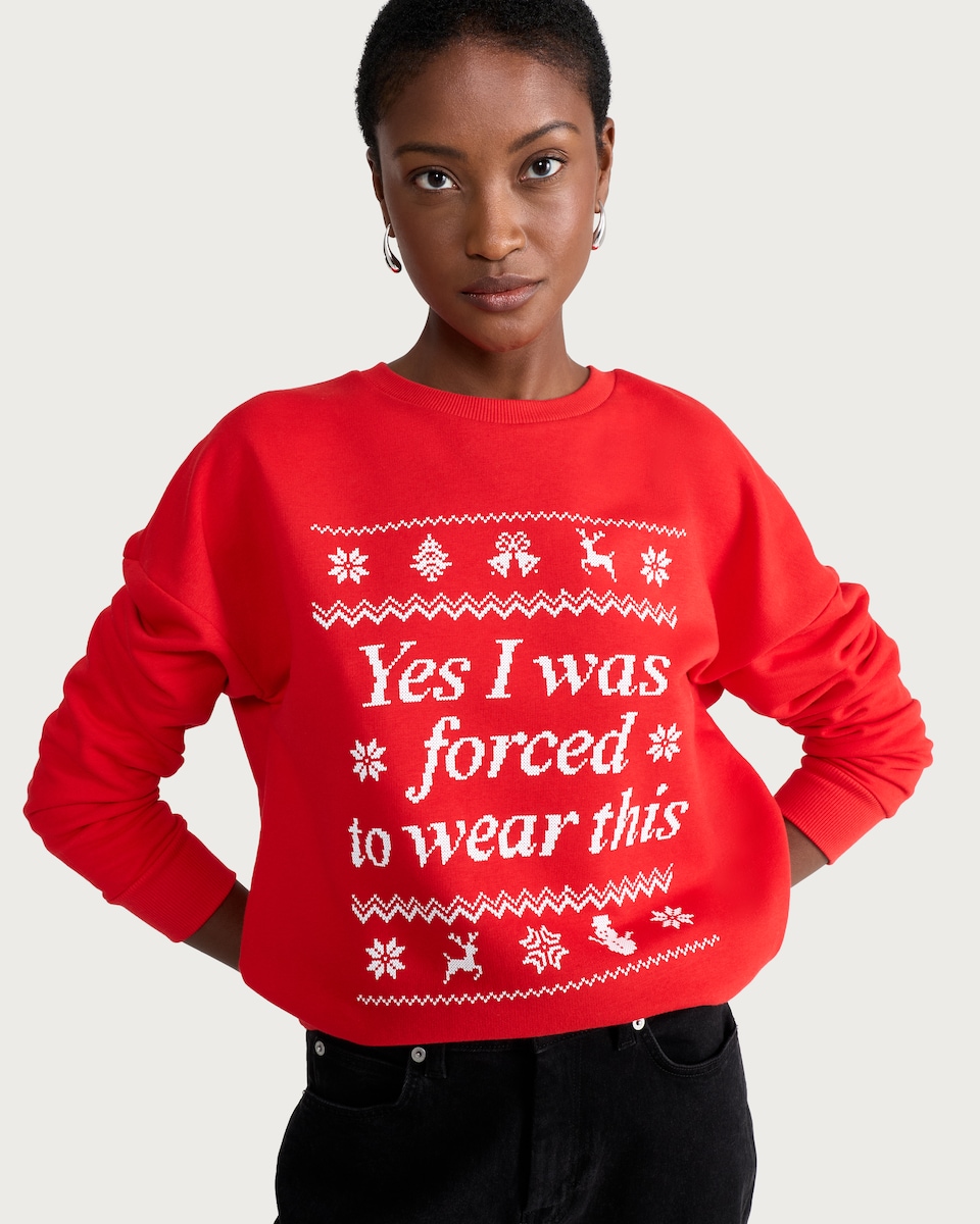 image 1 of F&F Cotton Rich Yes I Was Forced To Wear This Christmas Sweatshirt in Red