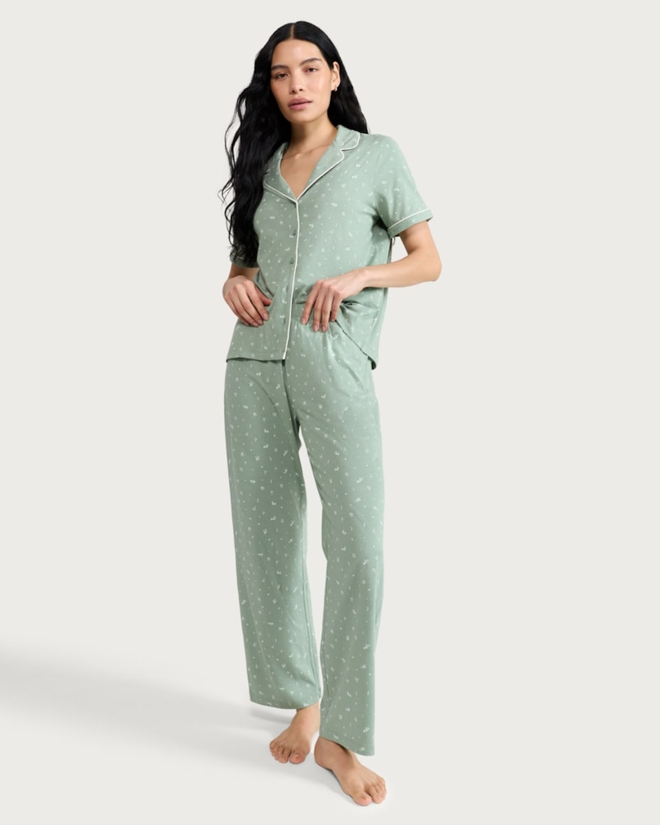 image 1 of F&F Pure Cotton Floral Print Pyjama Set in Multi Green