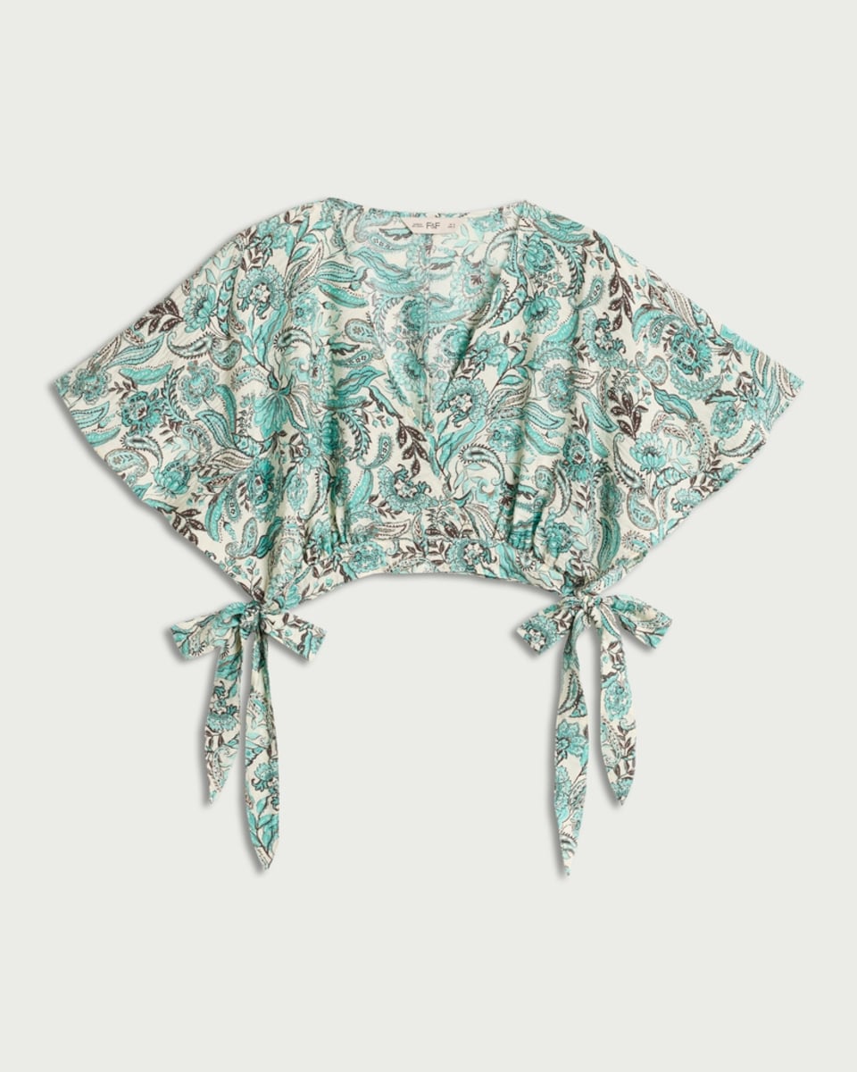 image 1 of F&F Paisley Print Tie-Side Co-ord Beach Blouse in Multi Blue