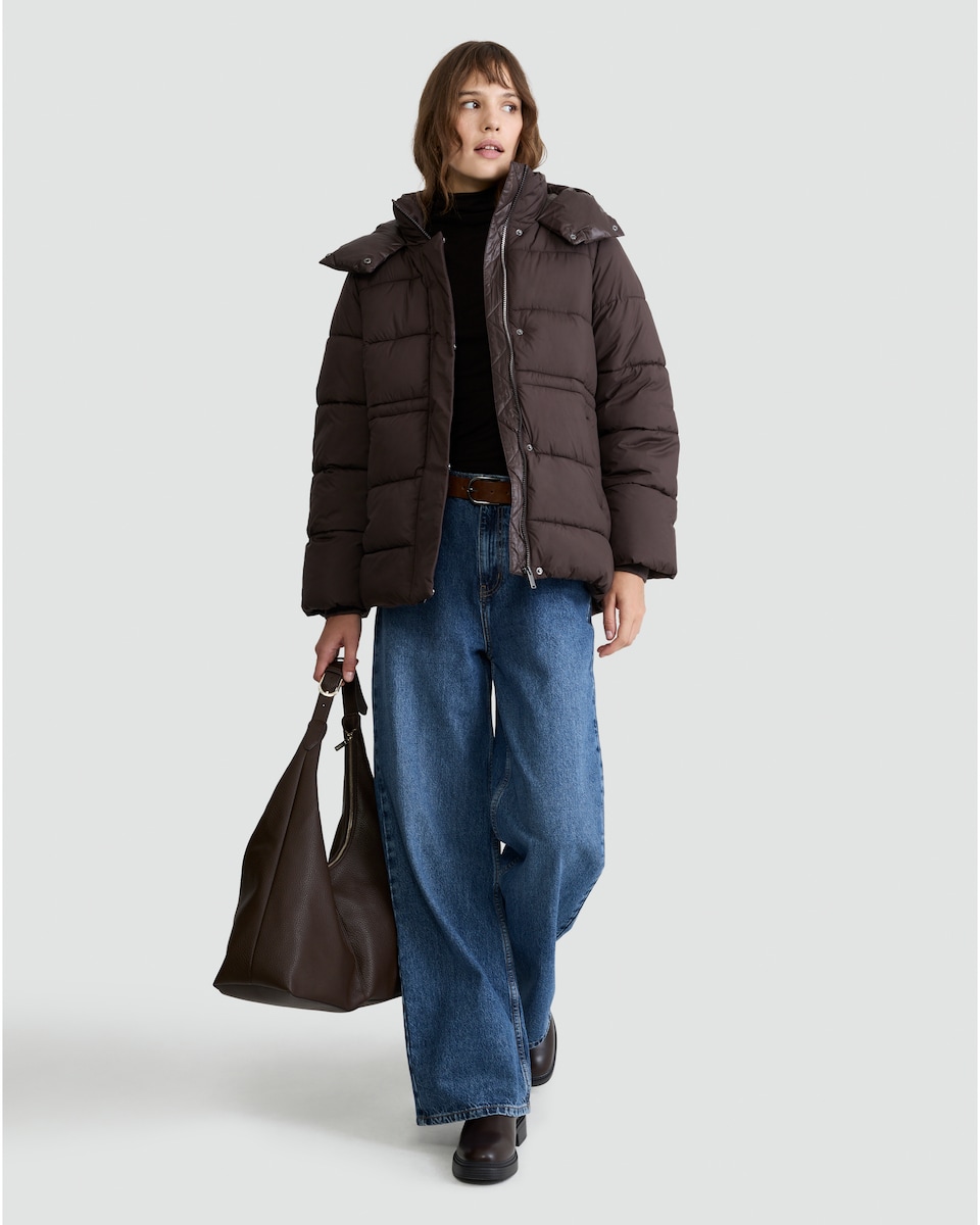 image 1 of F&F Hooded Shower Resistant Puffer Jacket in Brown