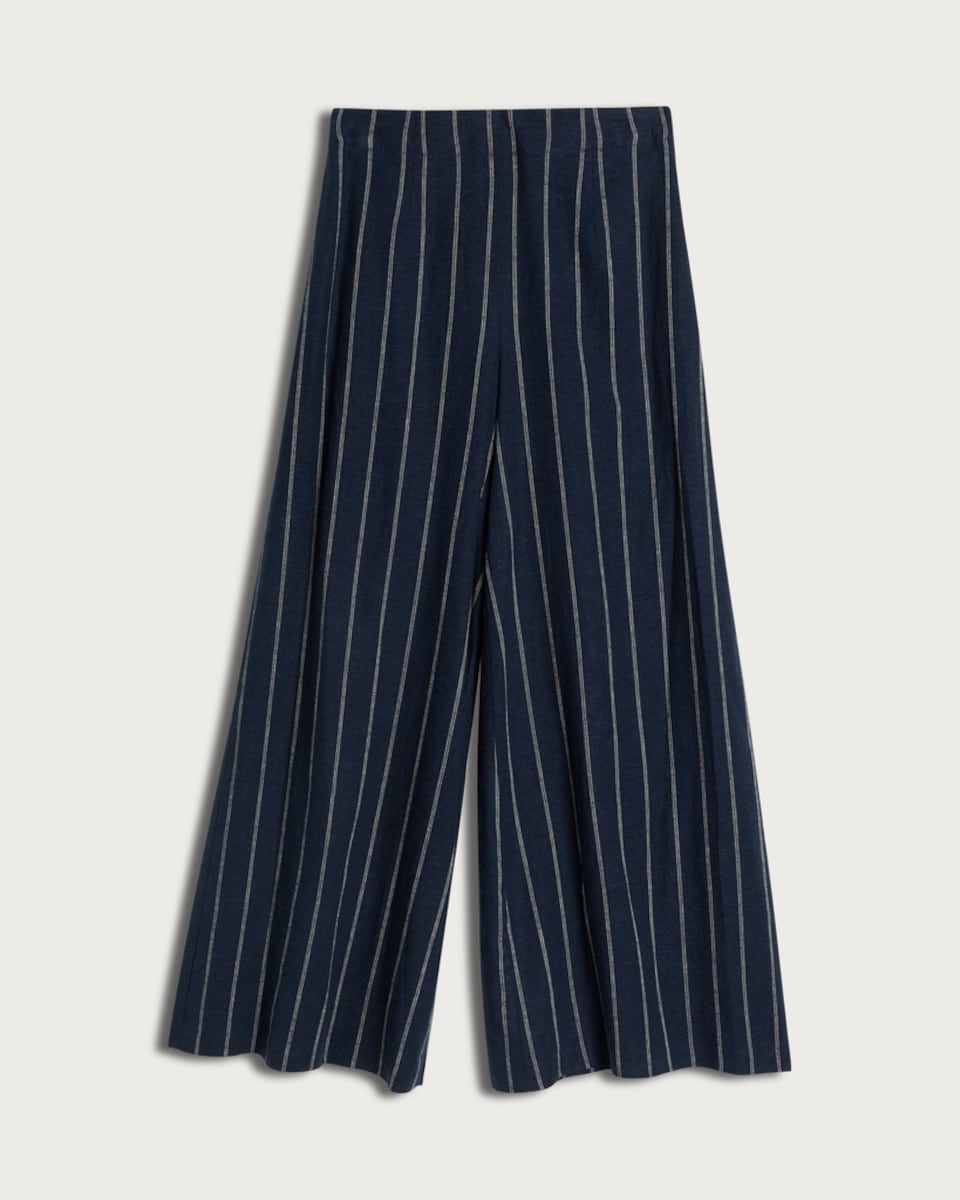 image 1 of The F&F Edit Linen Rich Stripe Super Wide Leg Trousers in Navy