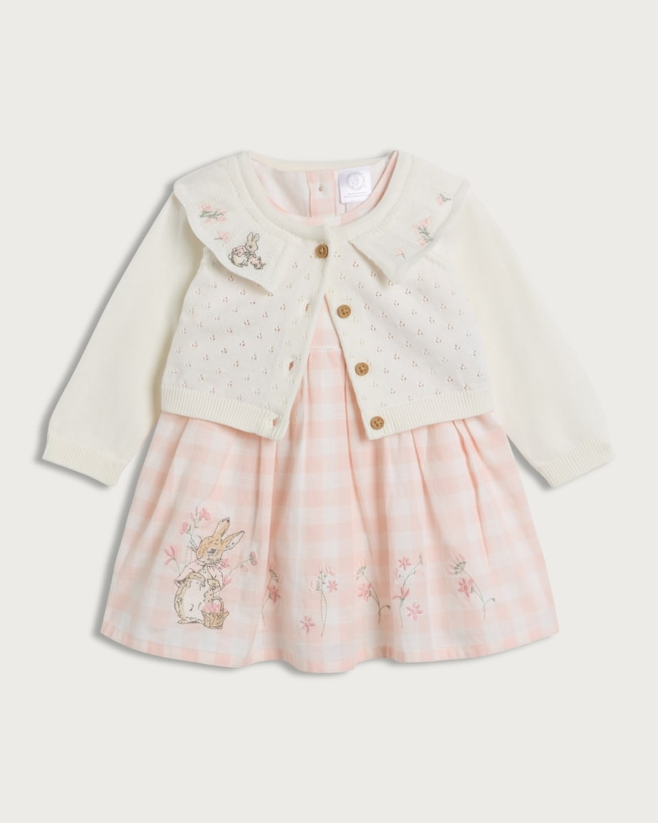 Peter Rabbit 2-Piece Pure Cotton Gingham Dress and Cardigan Set in Pink