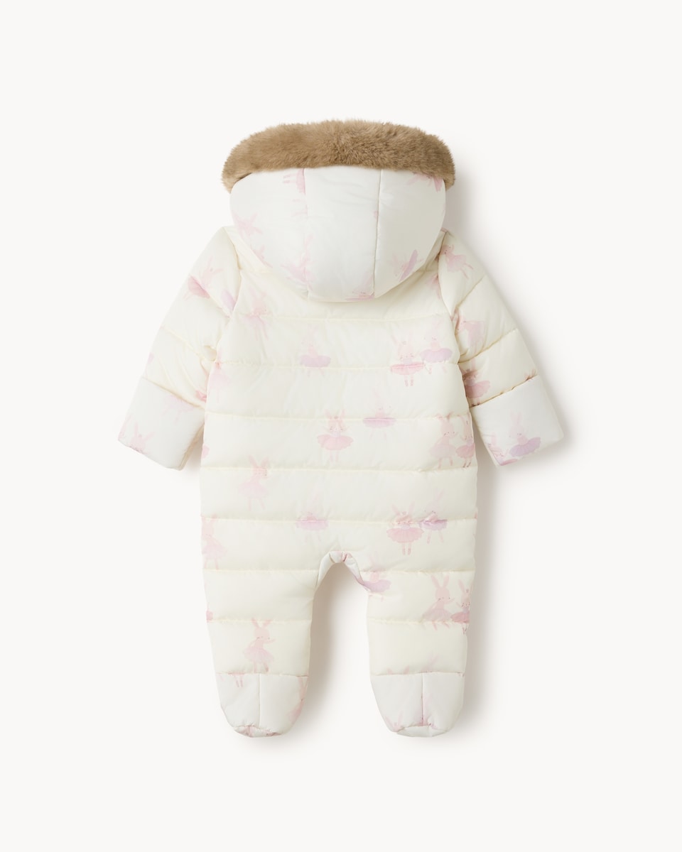 image 1 of F&F Baby Bunny Printed Padded Pramsuit in Cream