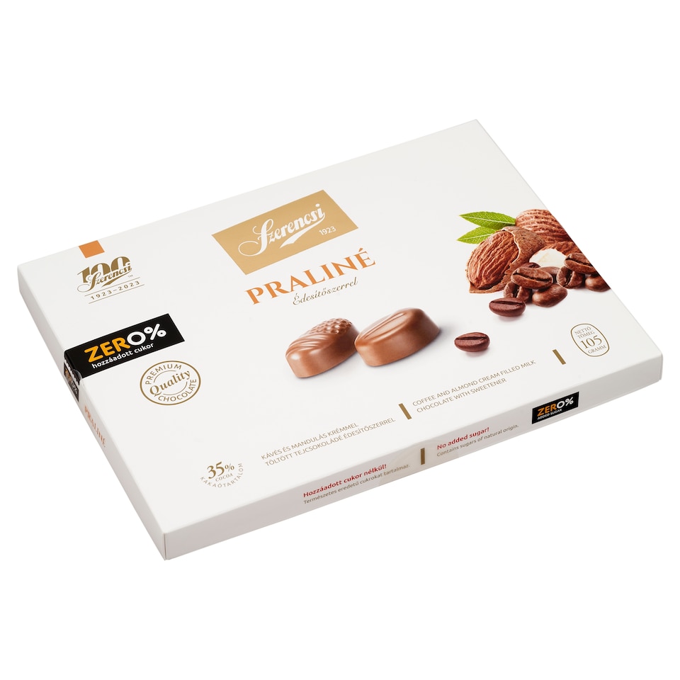 Szerencsi Zero% praliné kávés és mandulás krémmel töltött tejcsokoládé édesítőszerrel 105 g  1. kép