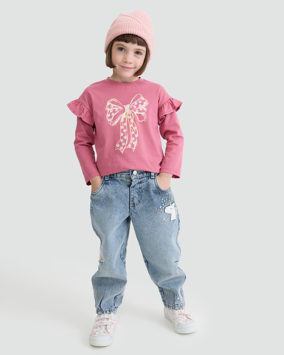 image 1 of F&F Girls Pure Cotton Bow Print Long Sleeved Top in Burgundy
