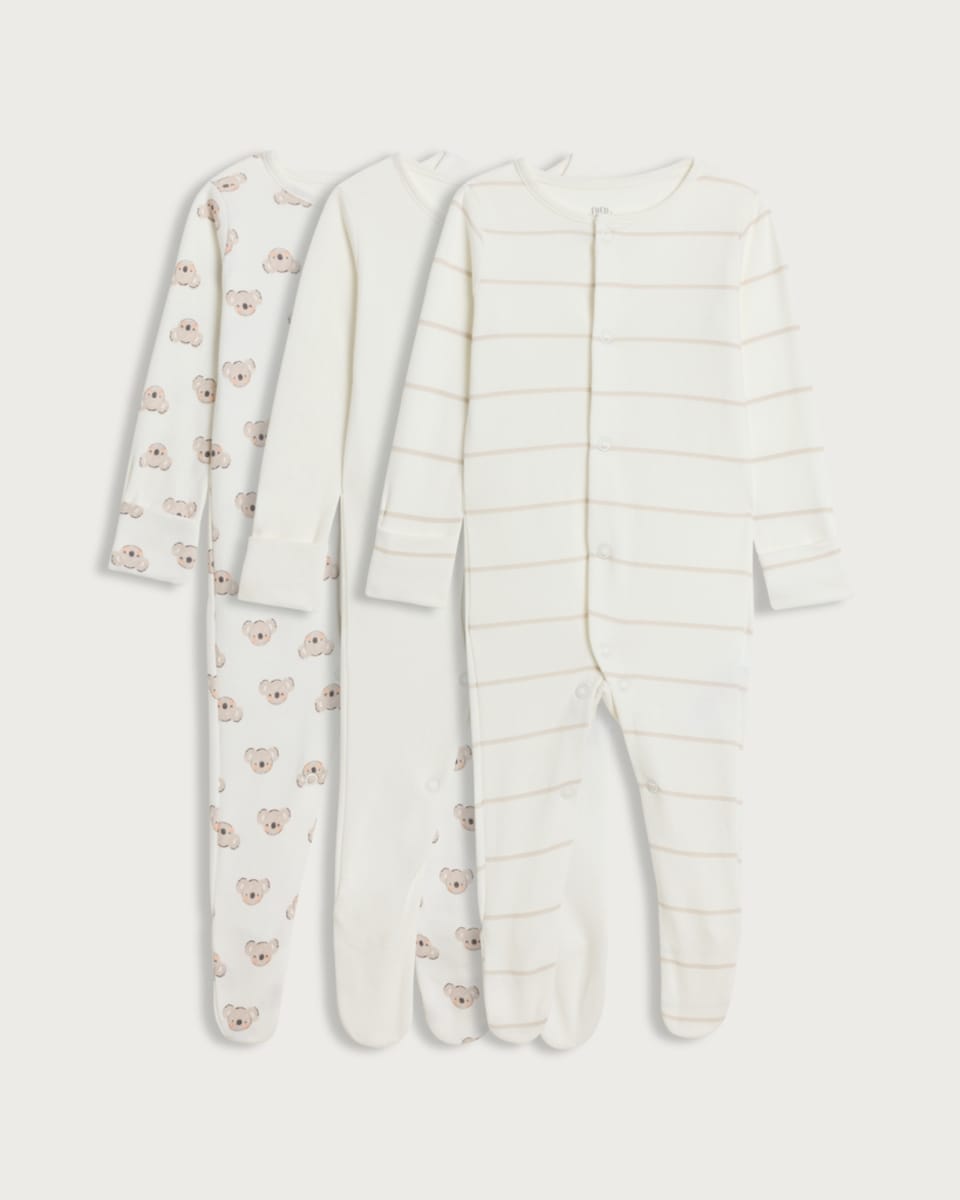 F&F Baby 3-Pack Pure Cotton Koala Print Long Sleeved Sleepsuits in White