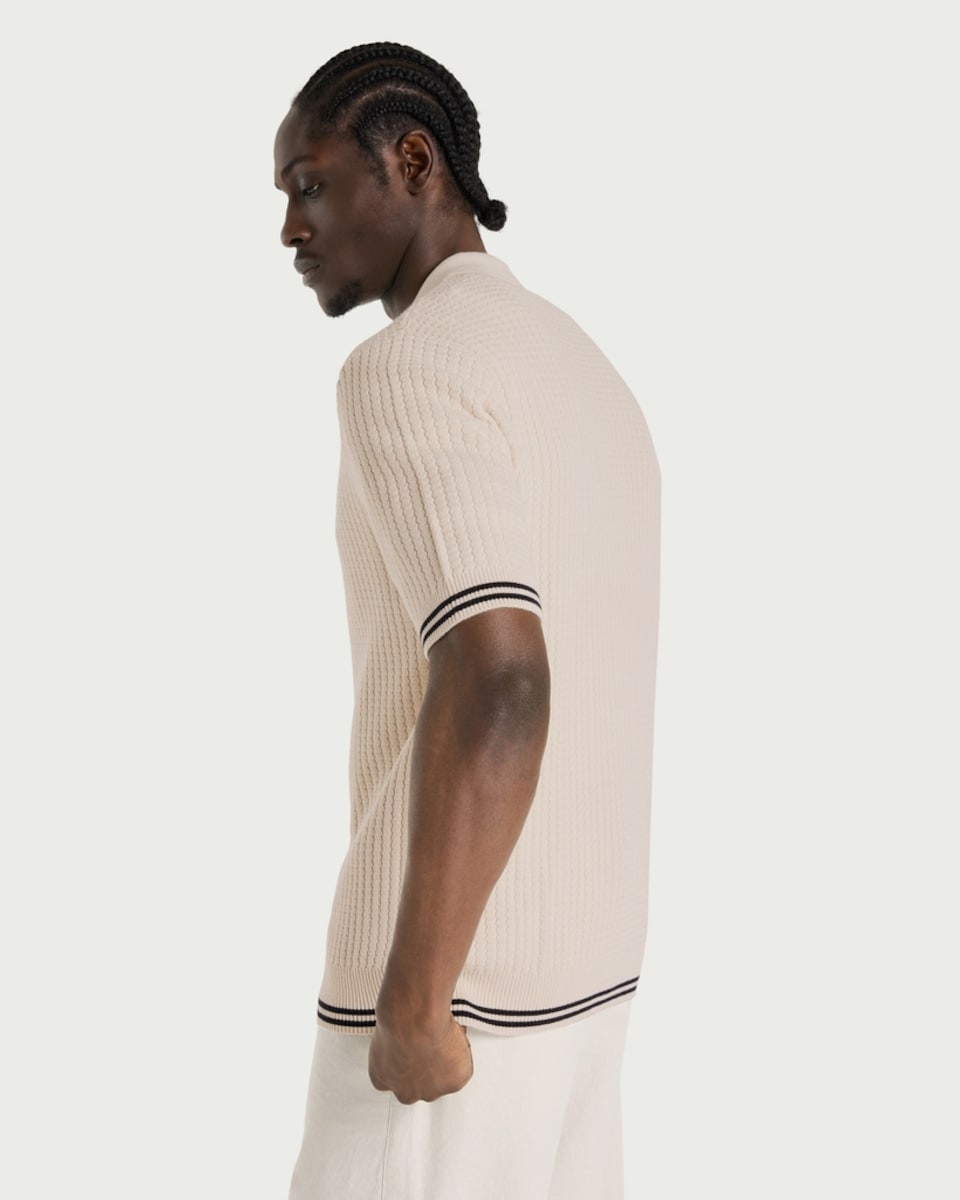 image 1 of F&F Pure Cotton Textured Knit Polo Shirt in Ecru