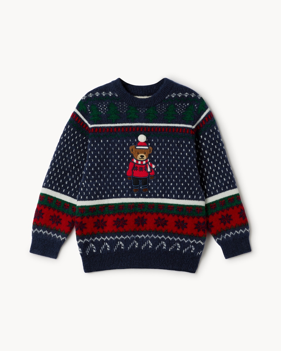 image 1 of Christmas Boys Fair Isle Bear Jumper in Navy