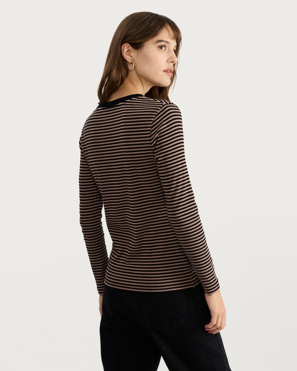 image 1 of F&F Cotton Rich Stripe Print Long Sleeved Top in Multi Black