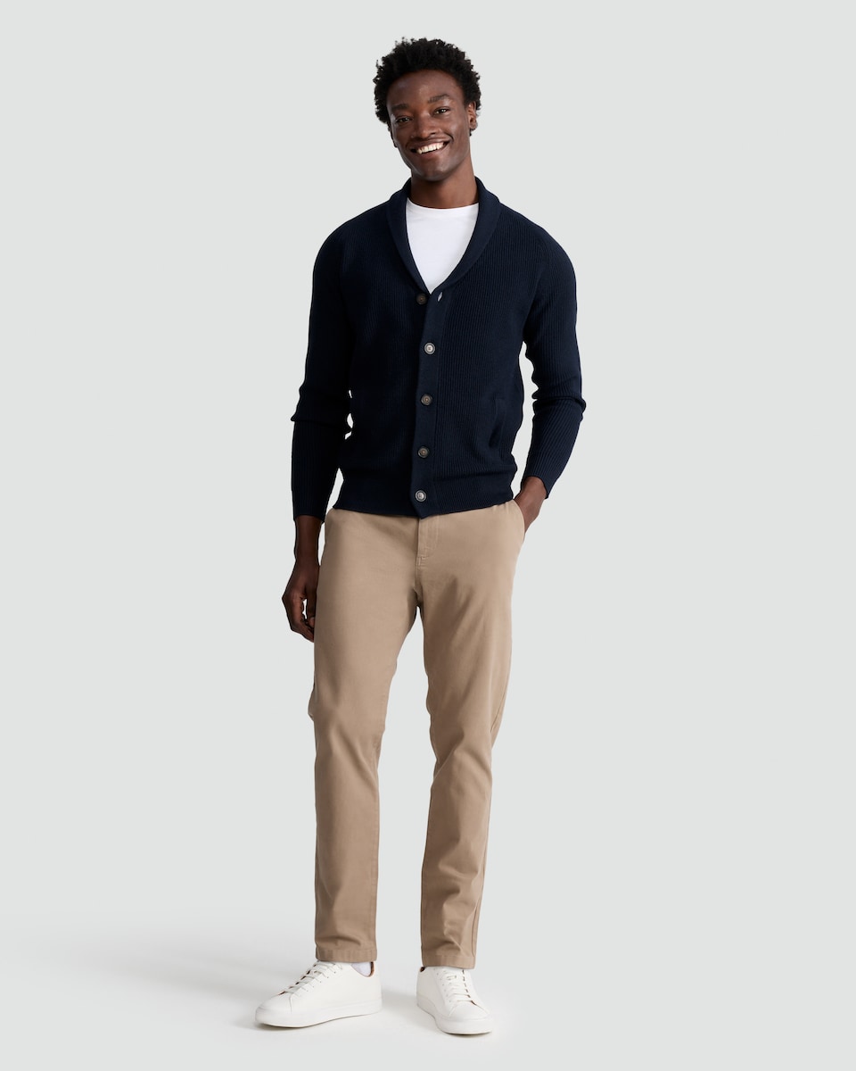 image 1 of F&F Knitted Shawl Collar Button Up Cardigan with Cotton in Navy