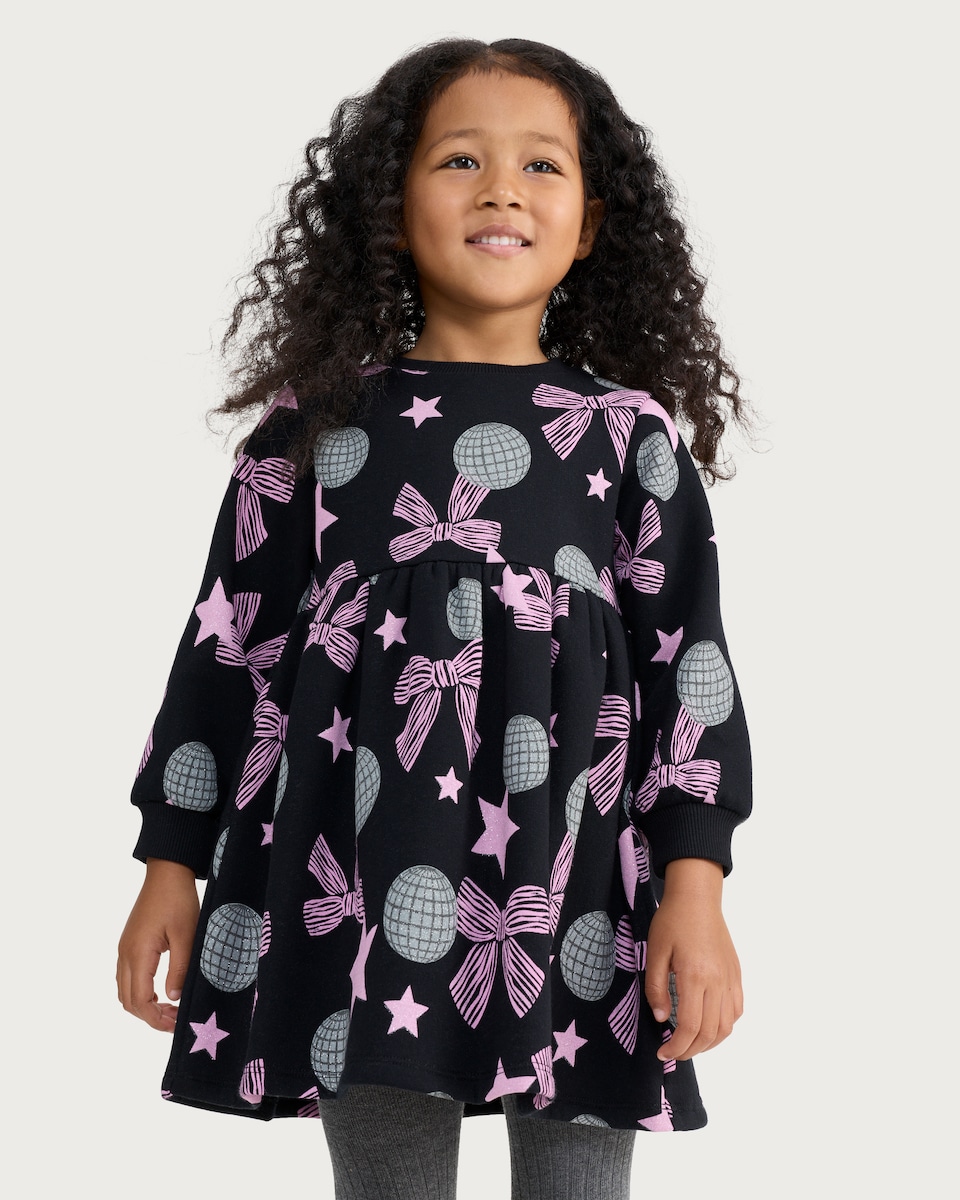 image 1 of F&F Girls Cotton Rich Disco Ball Bow Print Sweat Dress in Black