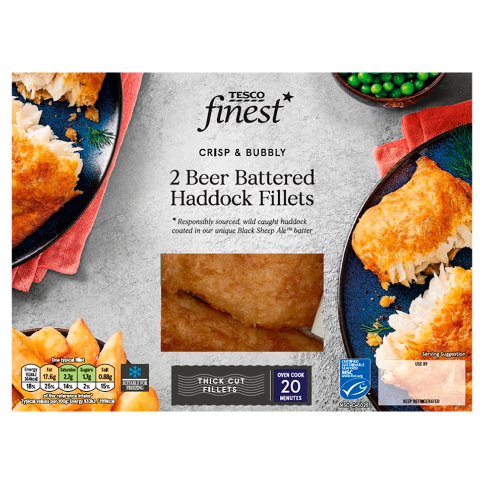 Tesco Finest 2 Beer Battered Haddock Fillets 365G