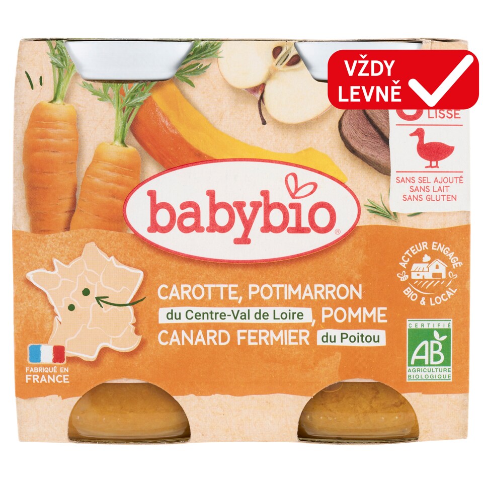 Babybio Bio menu mrkev, dýně a jablko s farmářským kachním masem 2 x 200g