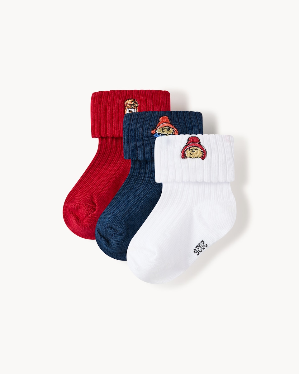 Paddington 3-Pack Cotton Rich Roll Top Embroidered Socks in Multi
