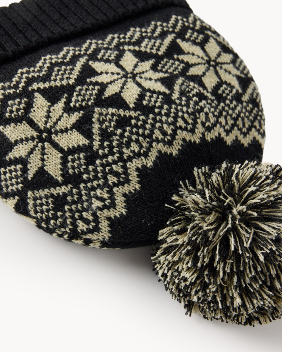image 1 of F&F Snowflake Fair Isle Pom Pom Hat in Black