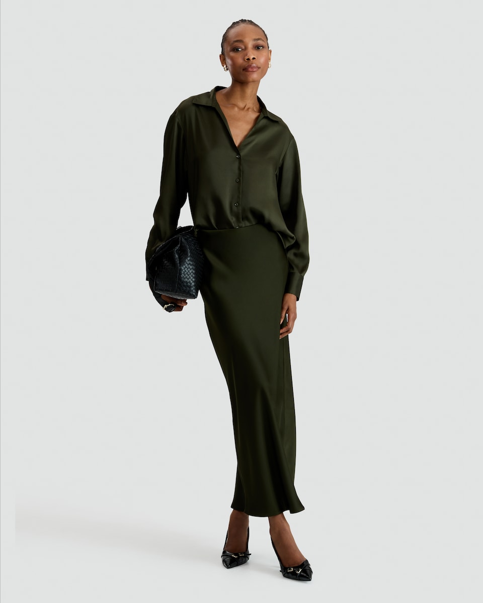 image 1 of F&F Satin Bias Cut Midi Slip Skirt in Green