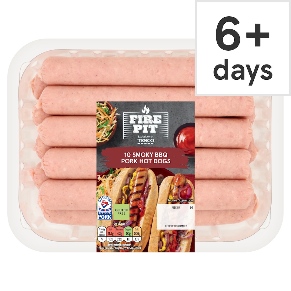 Tesco Fire Pit 10 Smoky BBQ Pork hot dogs 600g