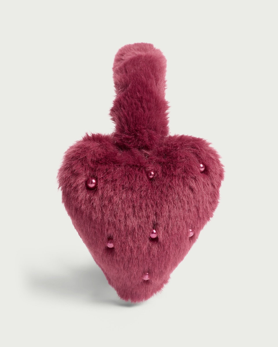 image 1 of F&F Faux Fur Heart Earmuffs in Burgundy