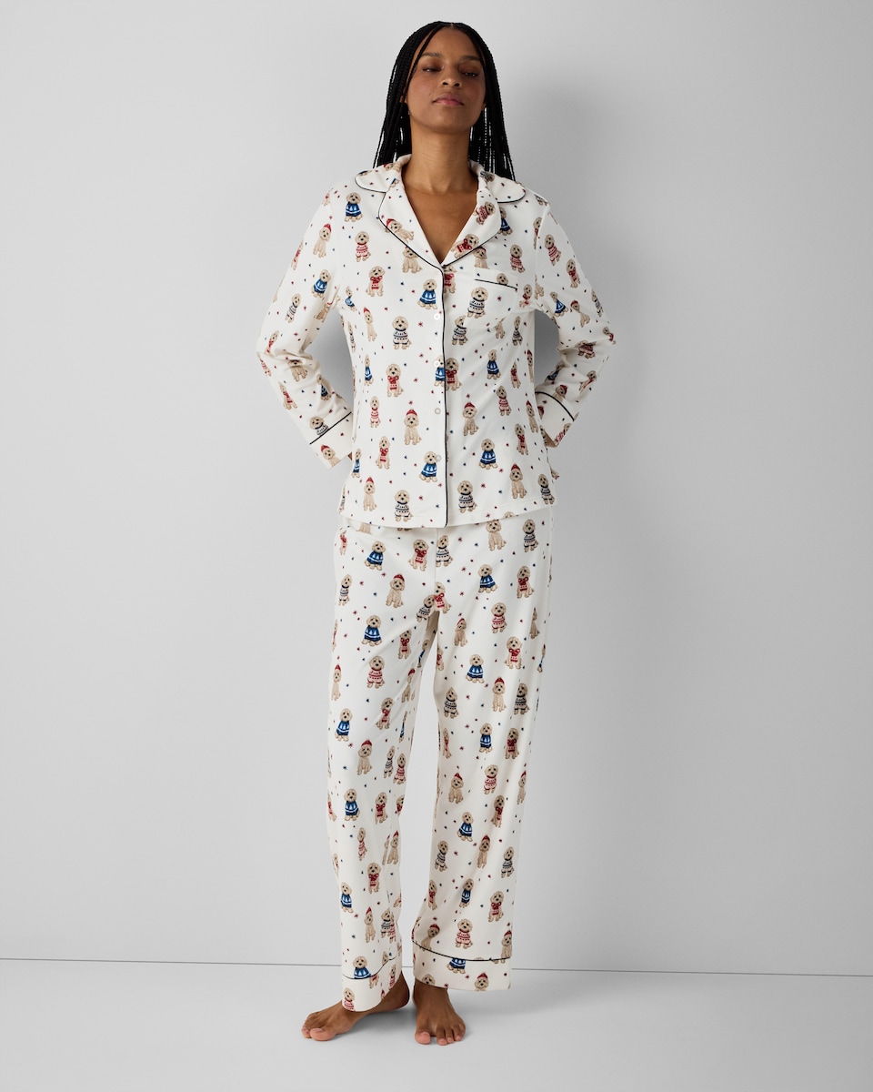 image 1 of Christmas Fleece Dog Revere Pyjama Set in Multi White