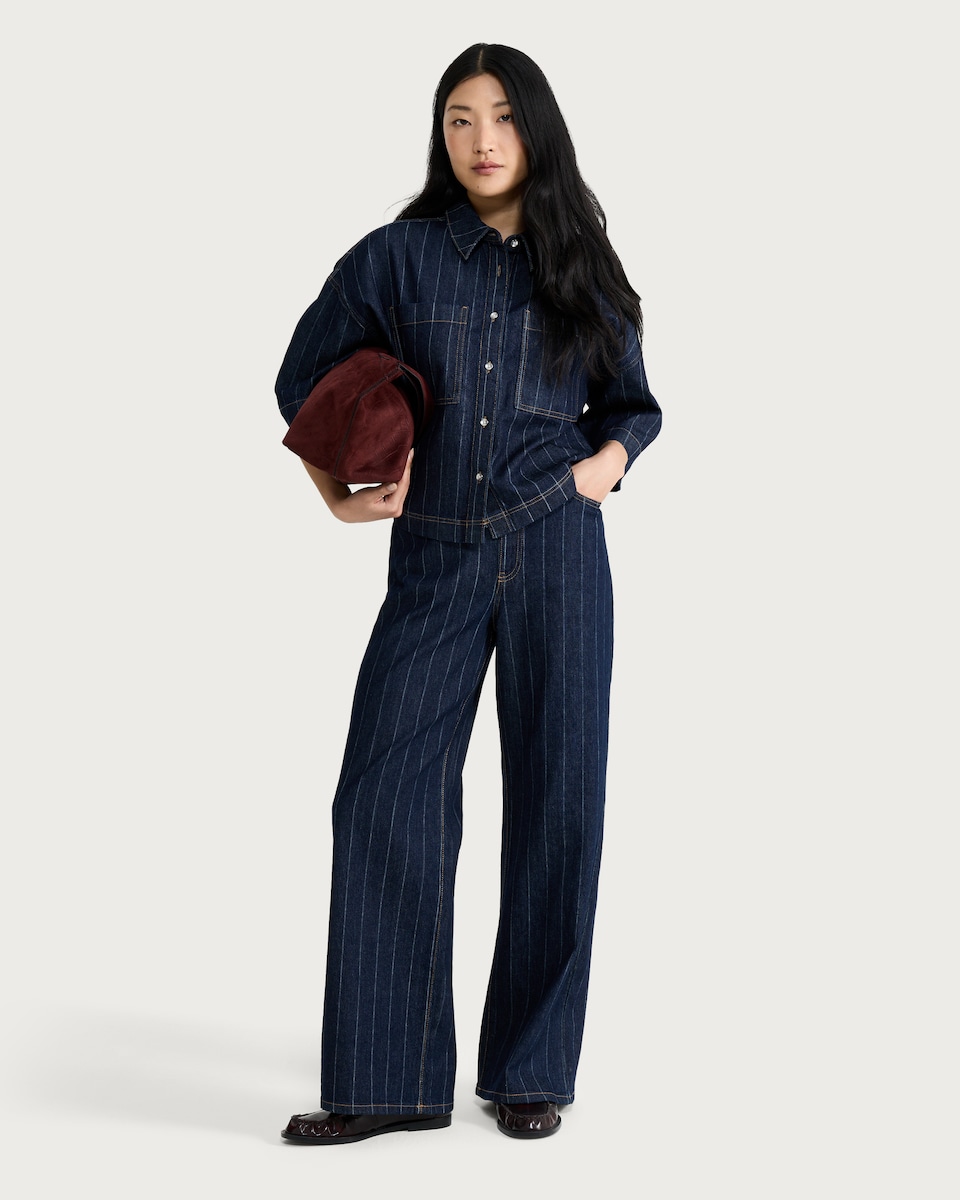 image 1 of F&F Cotton Rich Stripe Print Cropped Co-ord Shirt in Navy