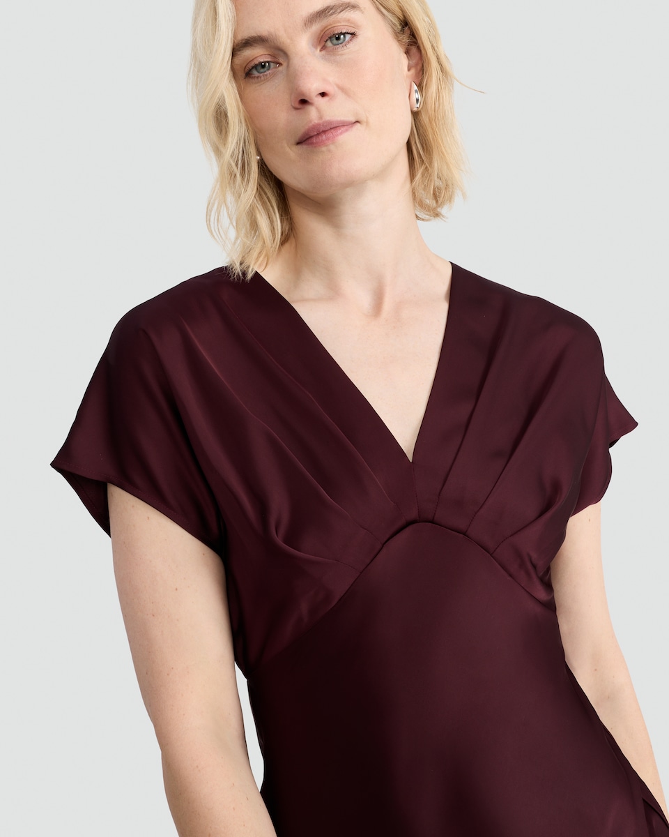 image 1 of F&F Satin V Neck Midi Dress in Burgundy