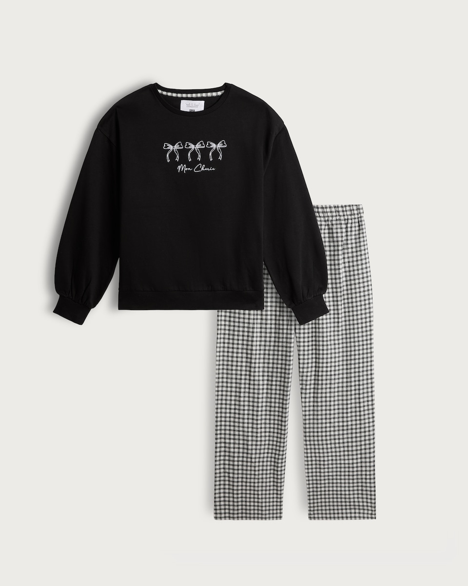 image 1 of F&F Mon Cherie Bow Print Pyjama Set in Black
