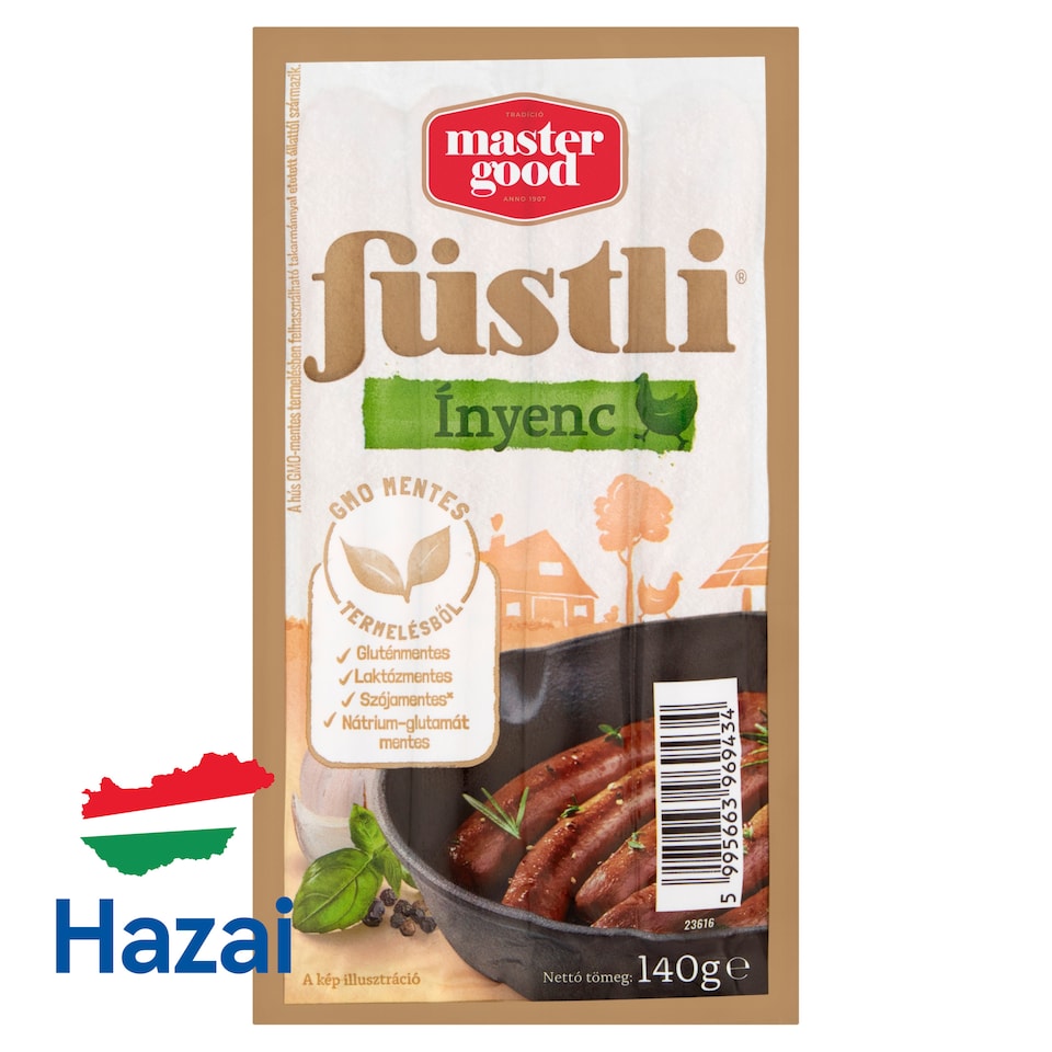 Master Good Füstli Ínyenc borsos és fokhagymás fűszerezésű, füst ízesítésű virsli csirkehúsból 140 g  1. kép
