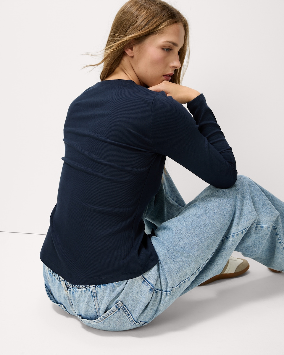 image 1 of F&F Cotton Rich Ribbed Button Up Top in Blue