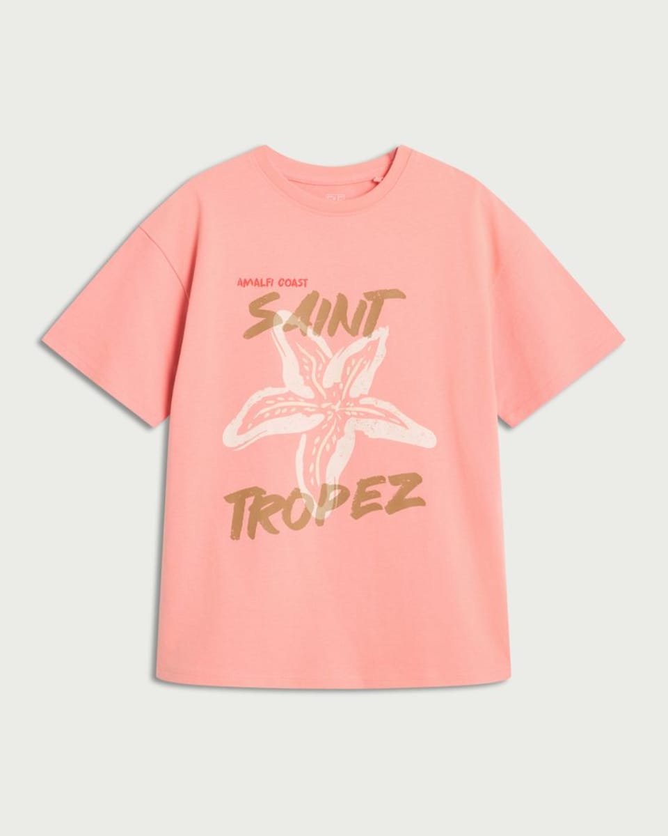 image 1 of F&F Girls Pure Cotton Saint Tropez Slogan T-Shirt in Coral