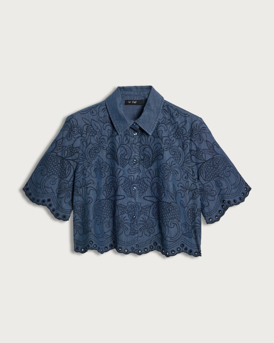 image 1 of The F&F Edit Pure Cotton Embroidered Cropped Co-ord Shirt in Blue