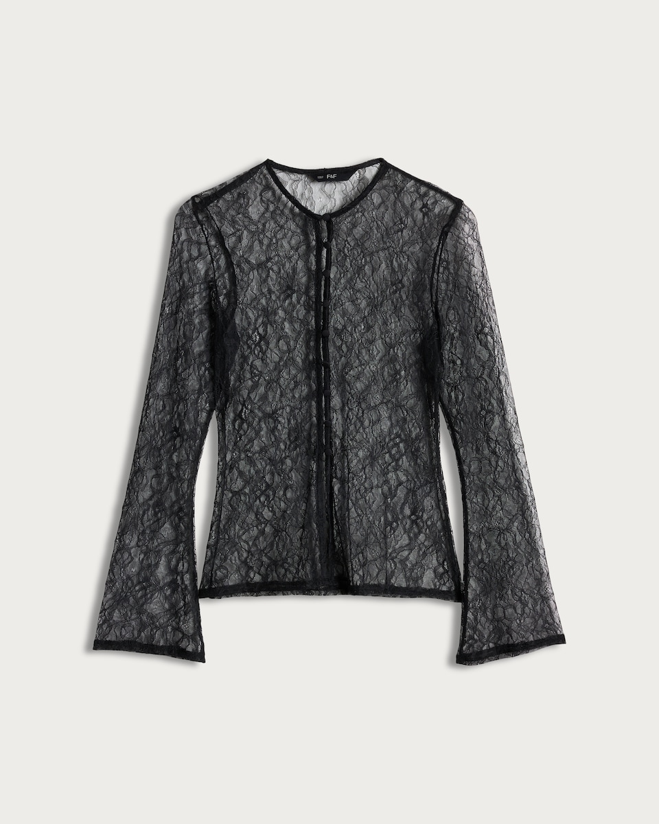 image 1 of F&F Lace Detail Long Sleeved Co-ord Top in Black