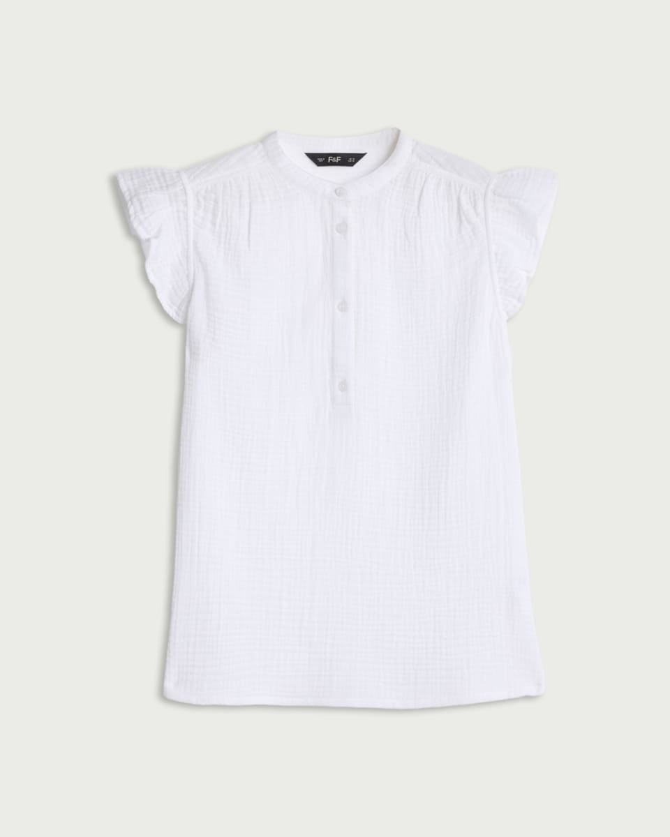 image 1 of F&F Pure Cotton Double Cloth Ruffle Sleeved Blouse in White