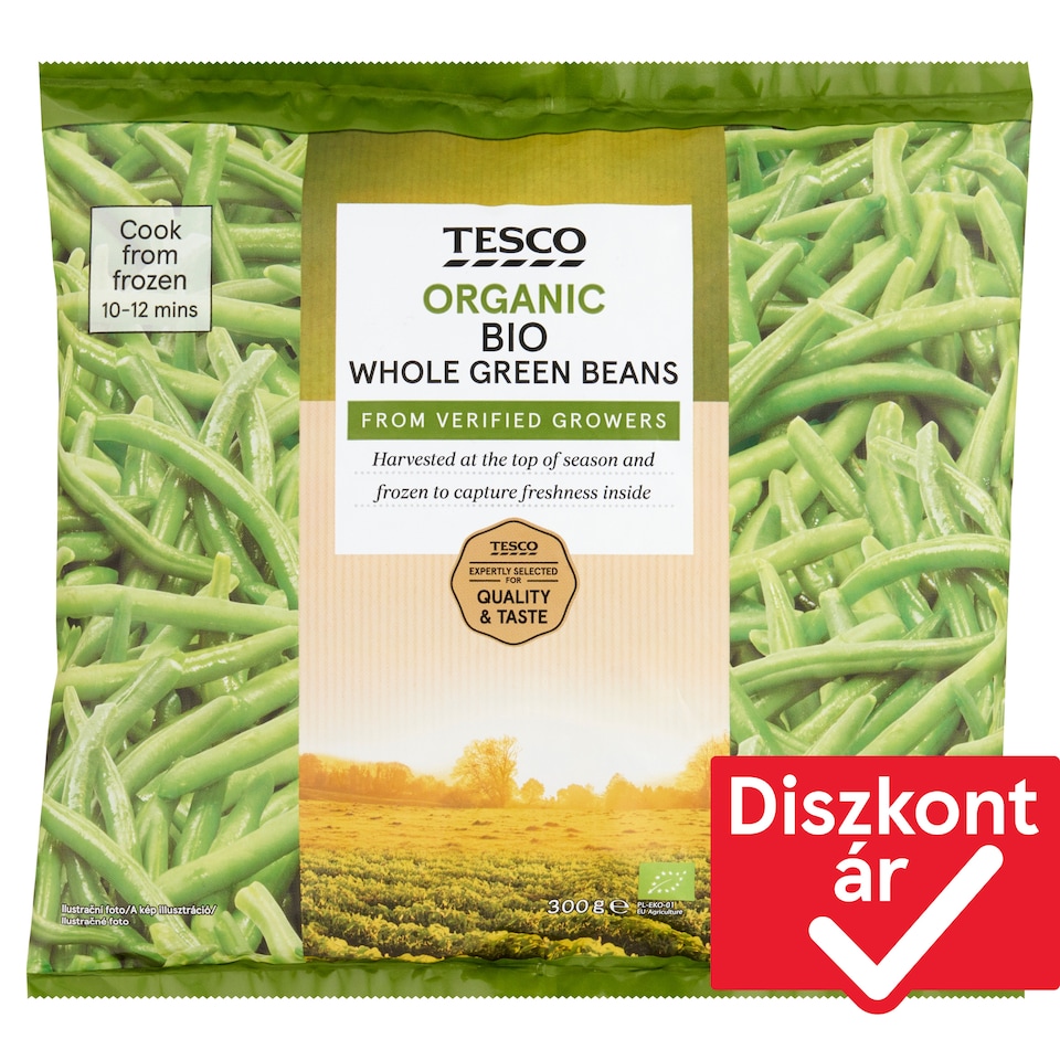 Tesco bio, gyorsfagyasztott zöld hüvelyű egész zöldbab 300 g