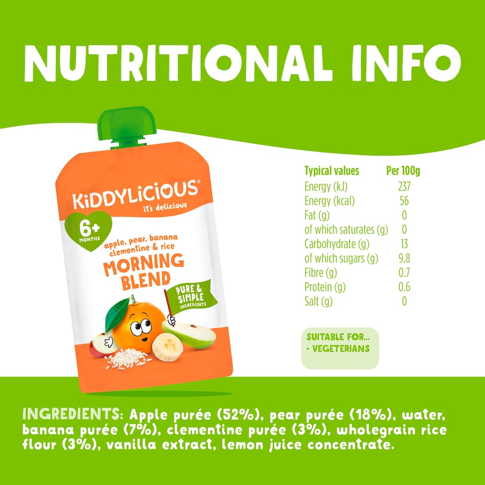 image 1 of Kiddylicious Morning Blend Apple, Pear, Banana, Clementine and Rice 100g