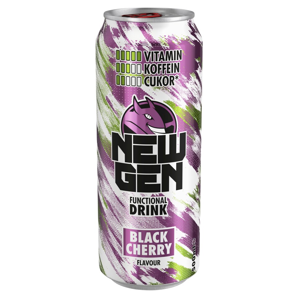New Gen fekete cseresznye- és tuttifruttiízű, koffeintartalmú, szénsavas, alkoholmentes ital 500 ml  1. kép