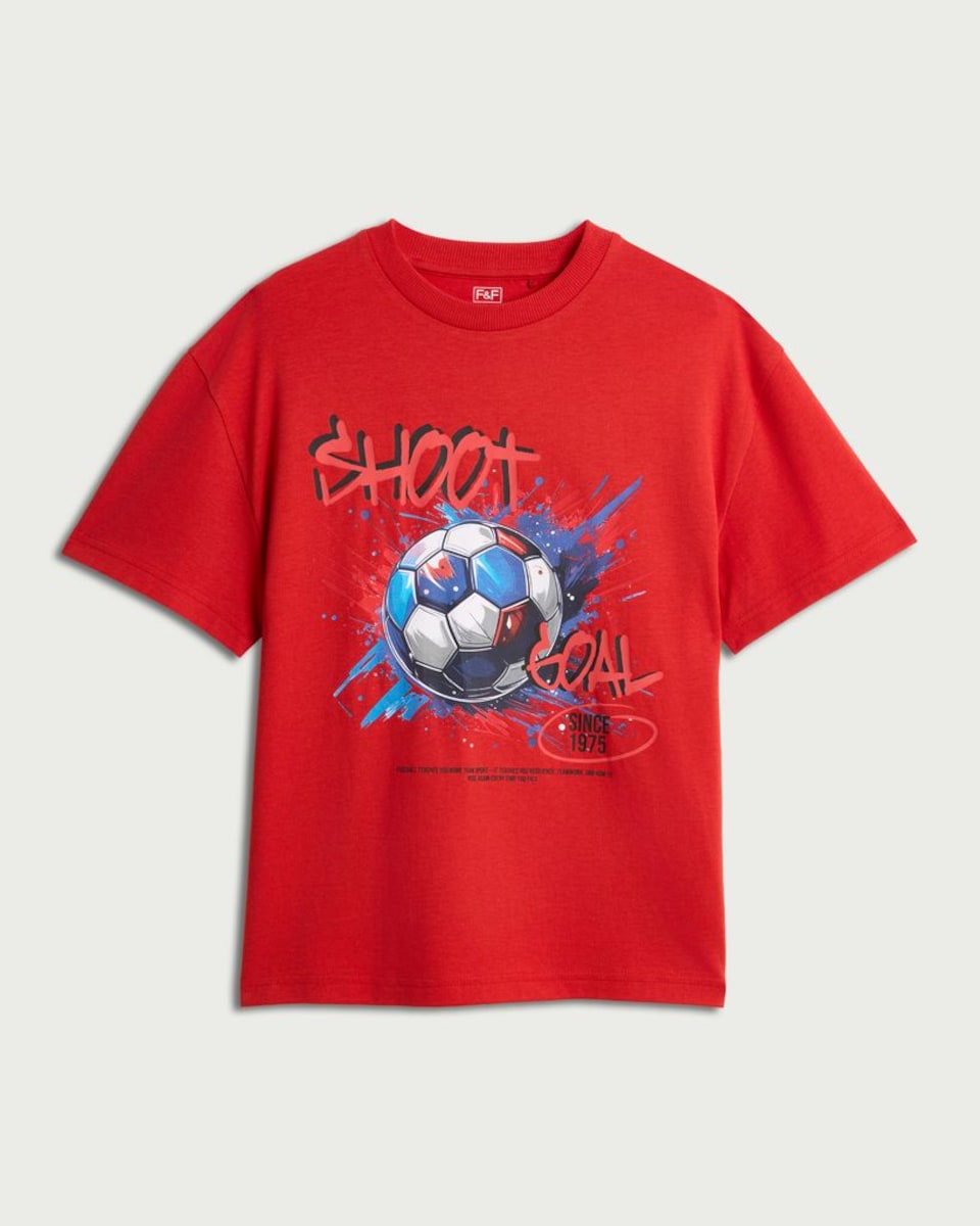 image 1 of F&F Boys Pure Cotton Oversized Football T-Shirt in Red
