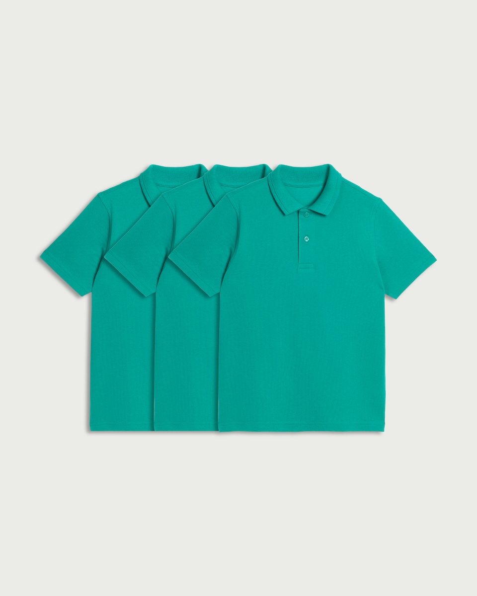 F&F School Boys 3-Pack Pure Cotton Regular Fit Polo Shirts in Jade
