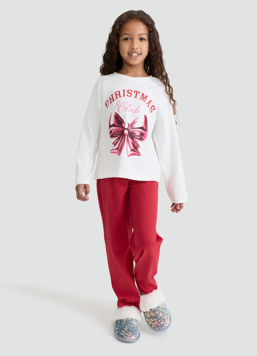image 1 of F&F Girls Pure Cotton Christmas Club Slogan Pyjamas in Multi