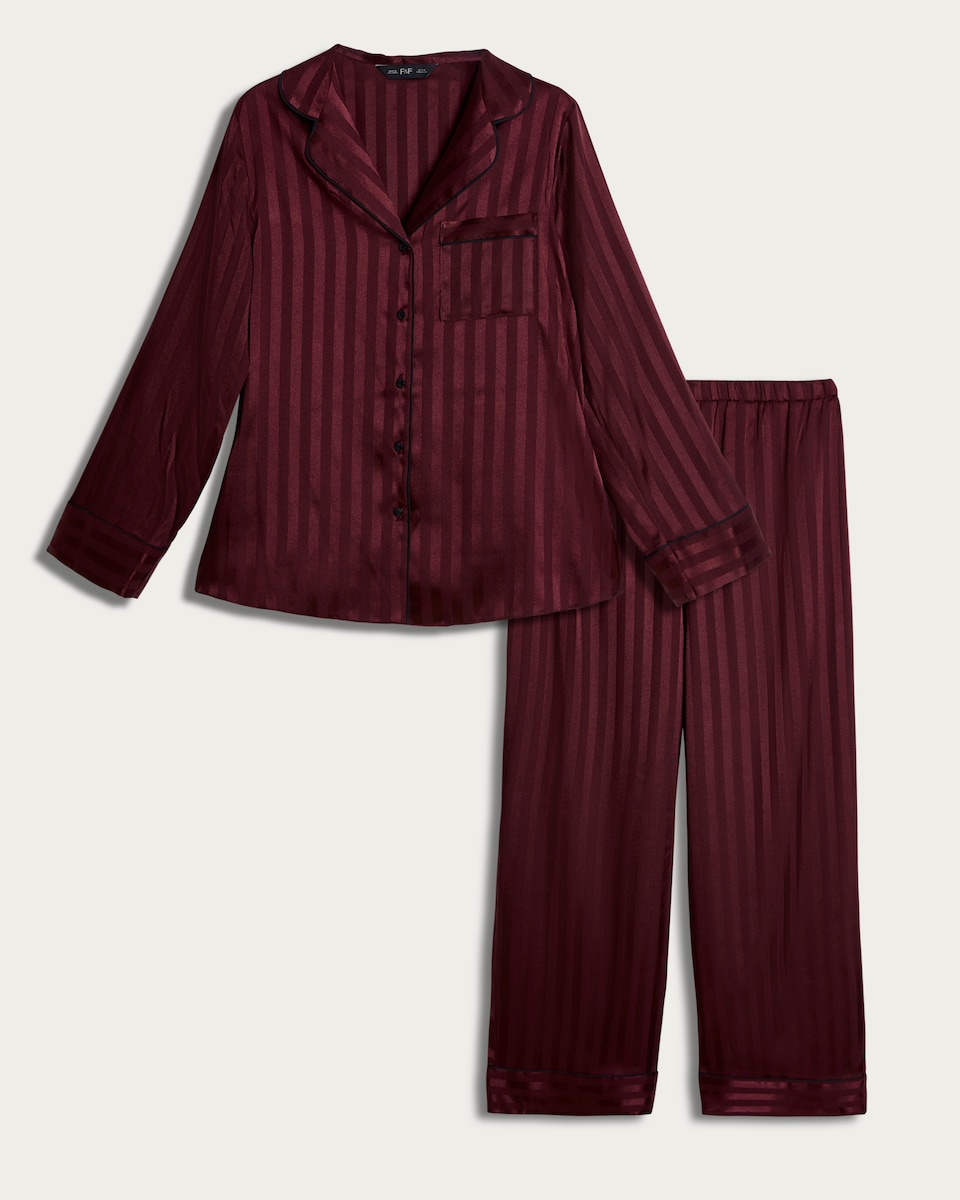 image 1 of F&F CoolEase™ Satin Stripe Print Shirt and Trousers Pyjamas in Purple