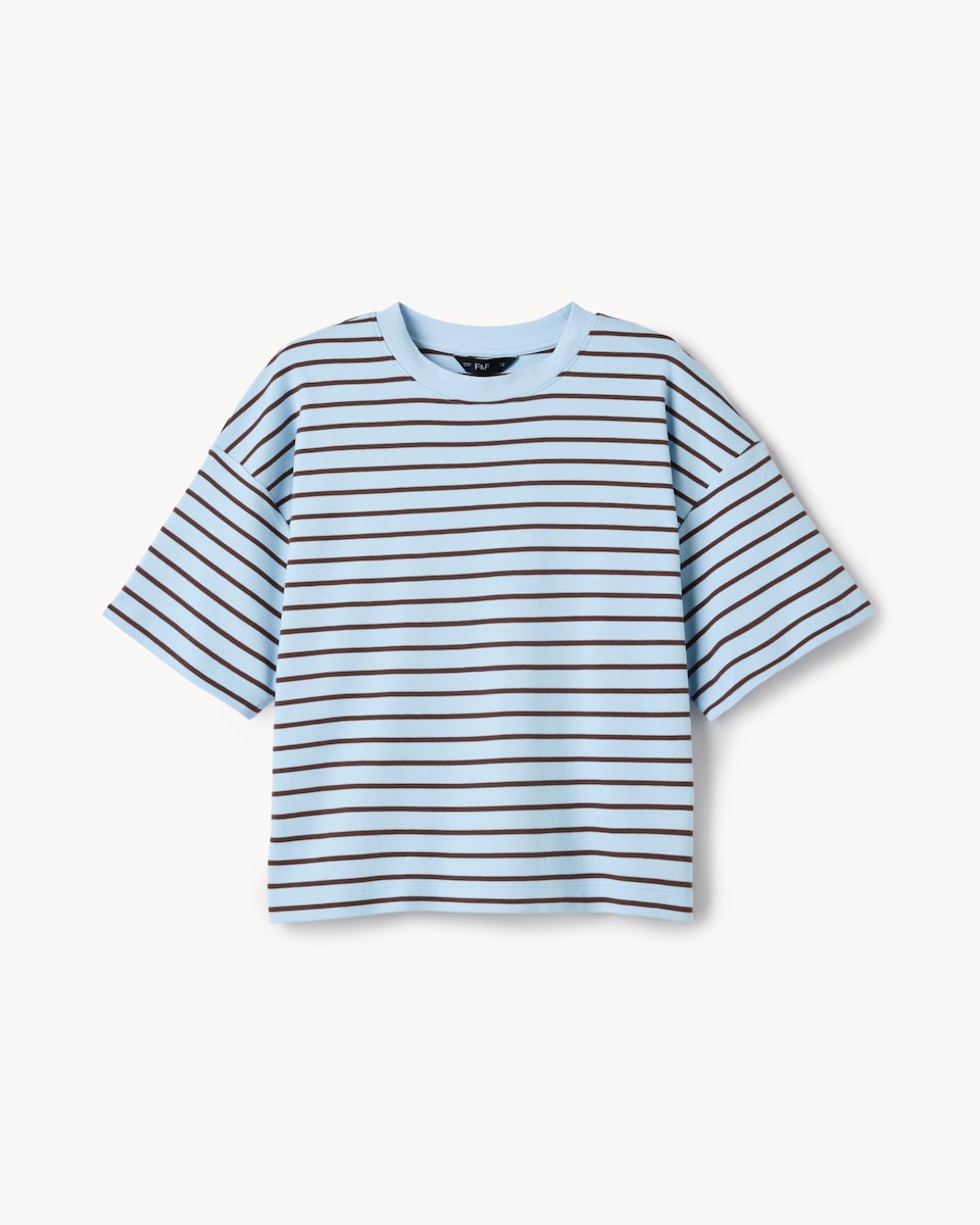 image 1 of F&F Pure Cotton Striped Boxy T-Shirt in Multi Blue