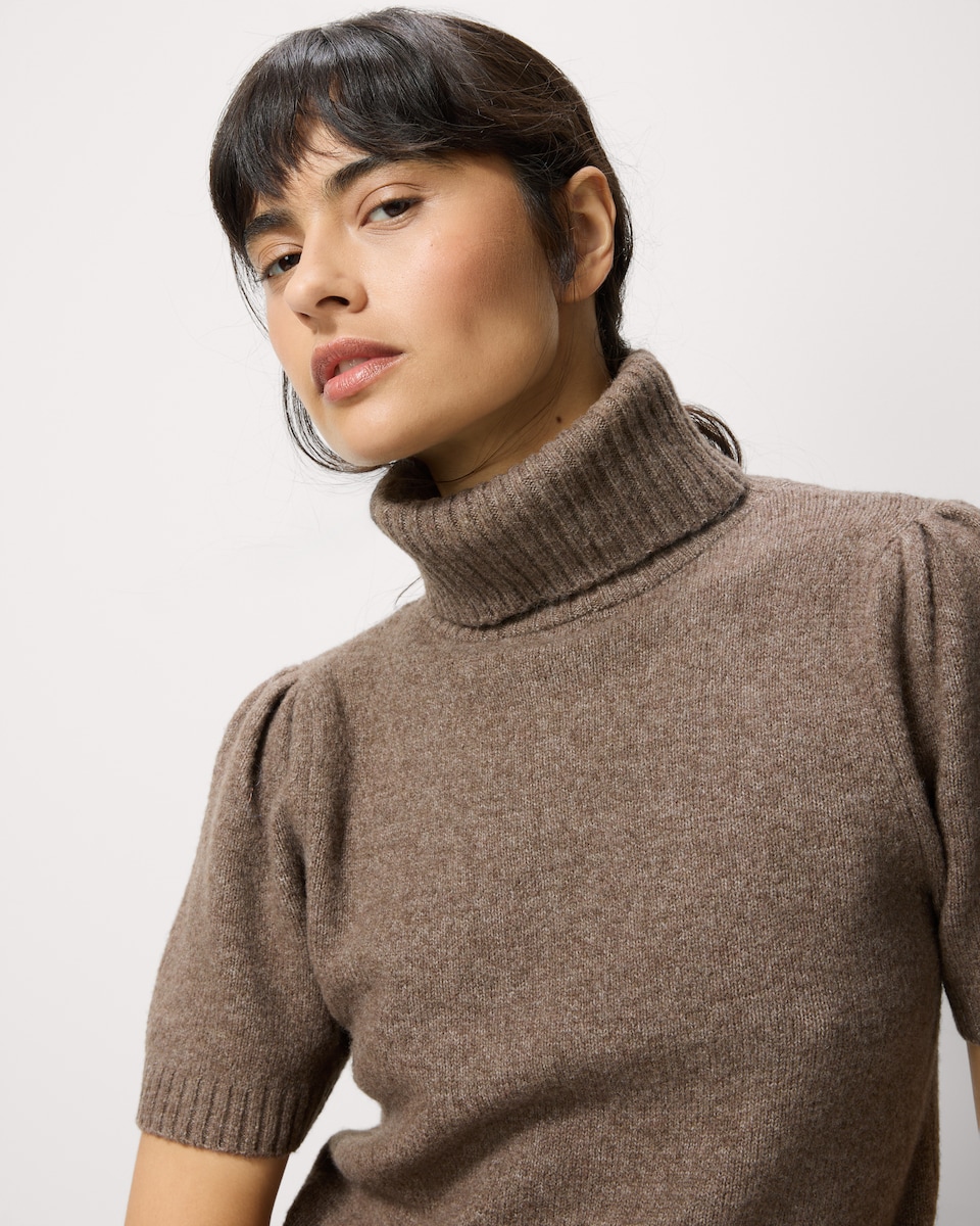 image 1 of F&F Roll Neck Puff Sleeved Jumper with Wool in Mink